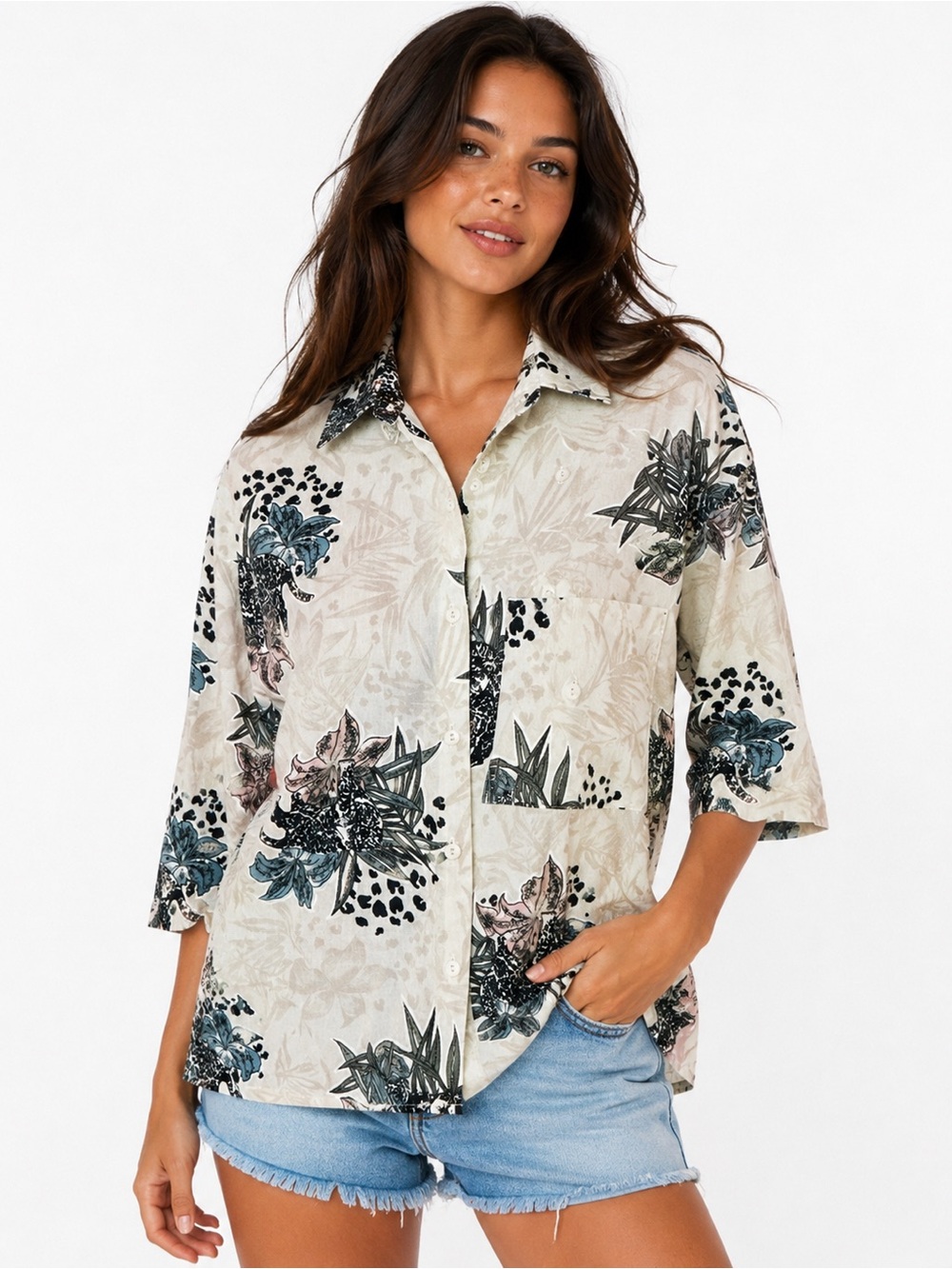 Vintage California Connection Tropical Floral Leopard Print Button Front Blouse